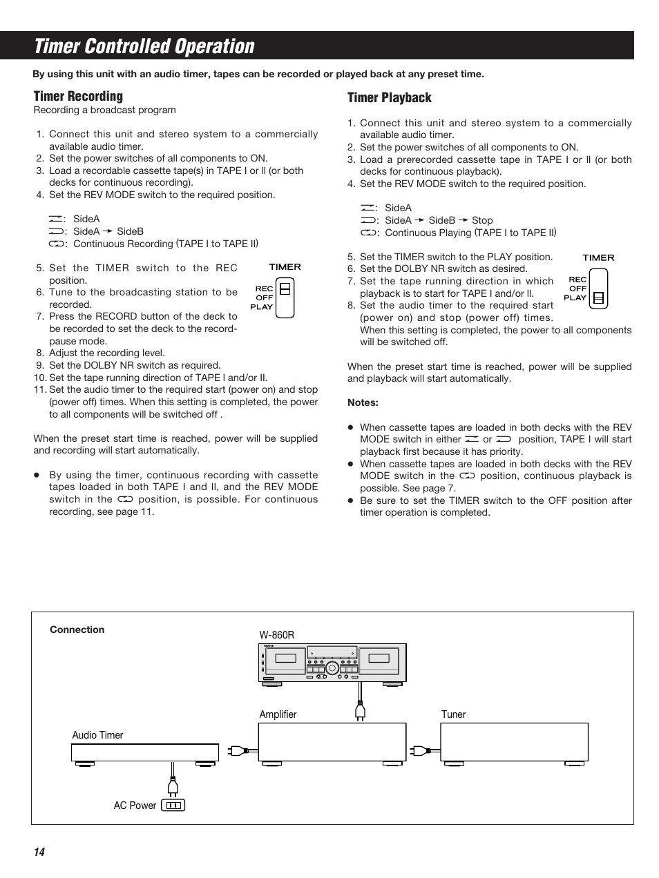 Timer controlled operation, Timer recording, Timer playback | Teac W-860R User Manual | Page 14 / 76