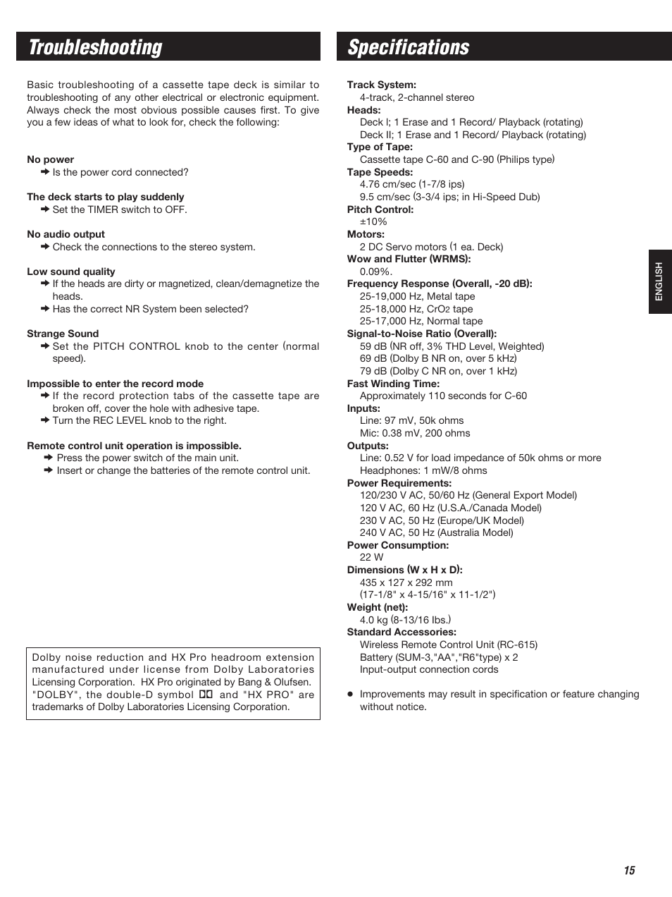 Troubleshooting specifications | Teac W-860R User Manual | Page 15 / 76