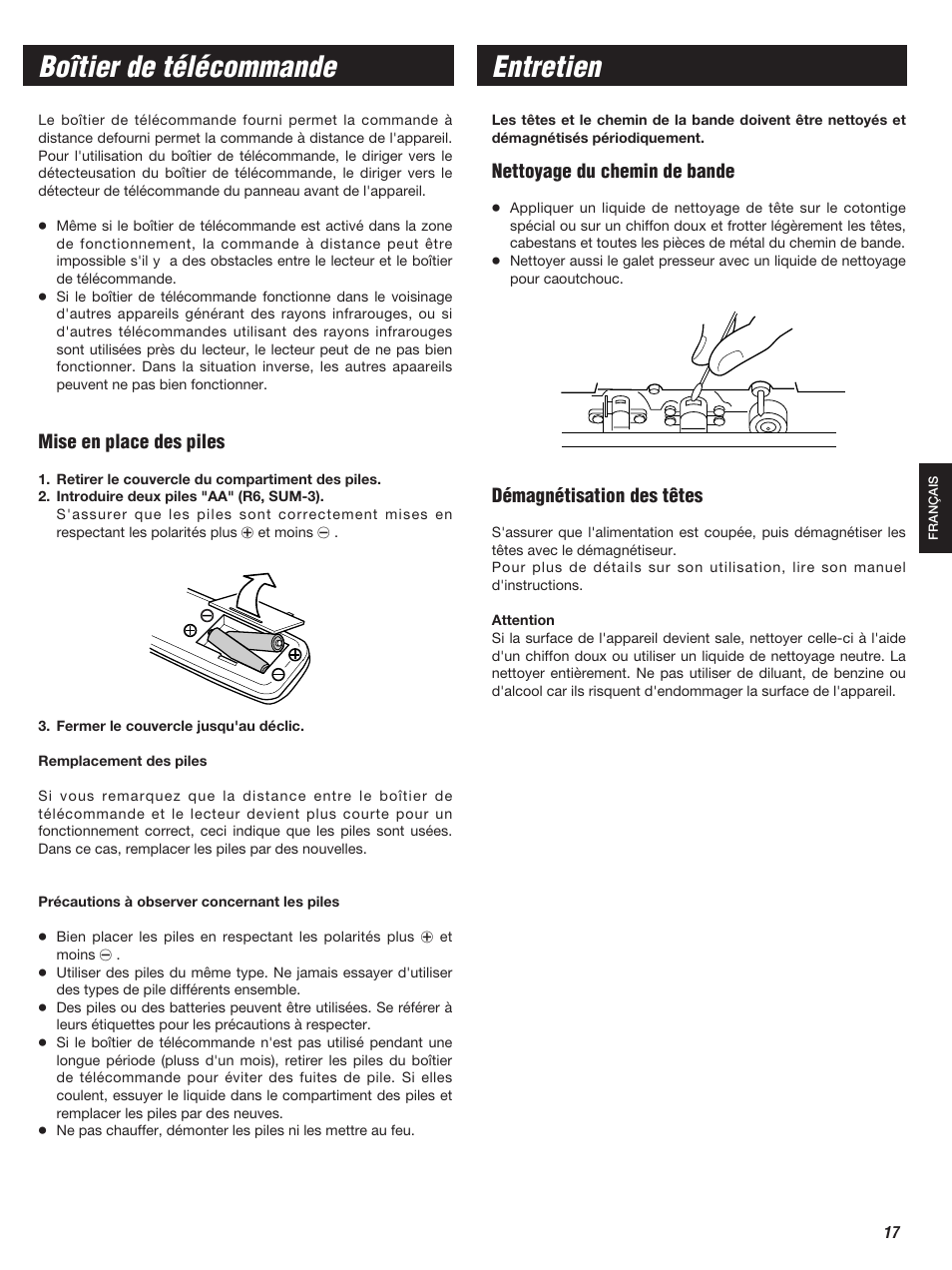 Boîtier de télécommande, Entretien, Mise en place des piles | Nettoyage du chemin de bande, Démagnétisation des têtes | Teac W-860R User Manual | Page 17 / 76