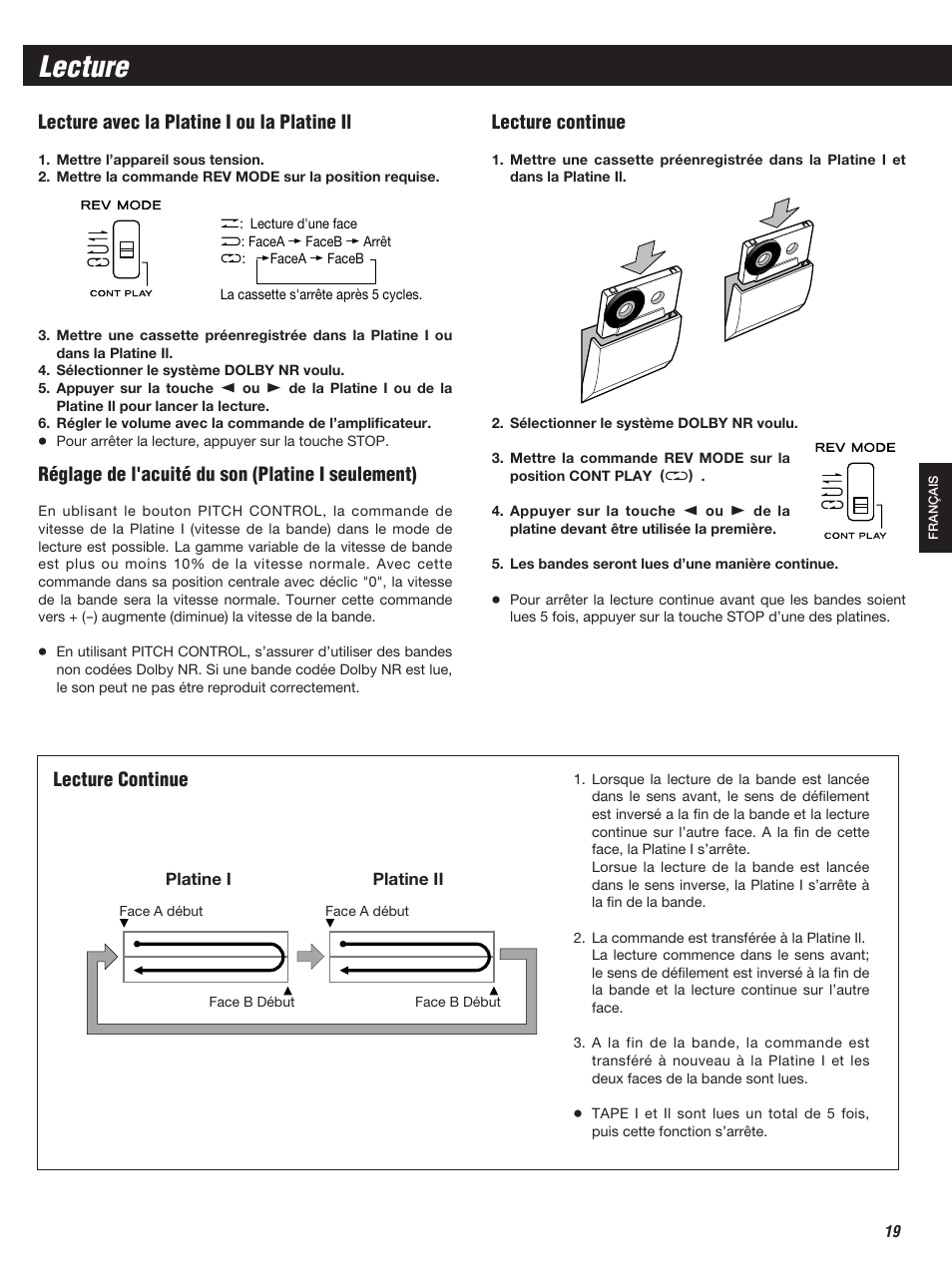 Lecture, Lecture avec la platine i ou la platine il, Lecture continue | Réglage de l'acuité du son (platine i seulement) | Teac W-860R User Manual | Page 19 / 76