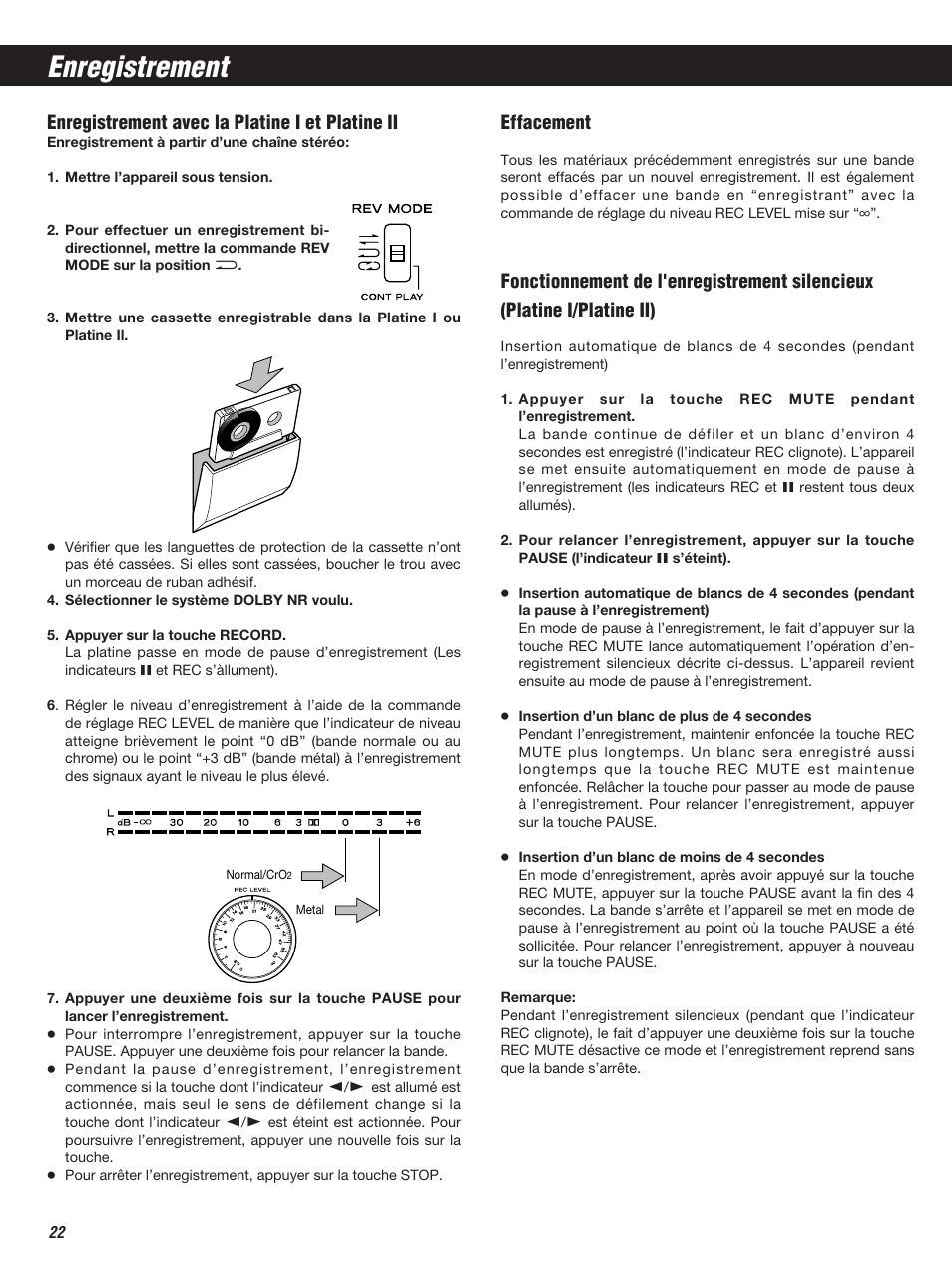 Enregistrement, Enregistrement avec la platine i et platine ii, Effacement | Teac W-860R User Manual | Page 22 / 76