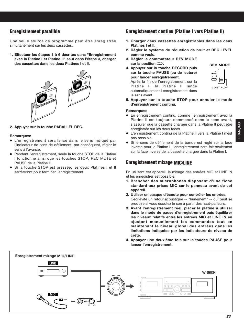 Enregistrement continu (platine i vers platine il), Enregistrement parallèle, Enregistrement mixage mic/line | Teac W-860R User Manual | Page 23 / 76