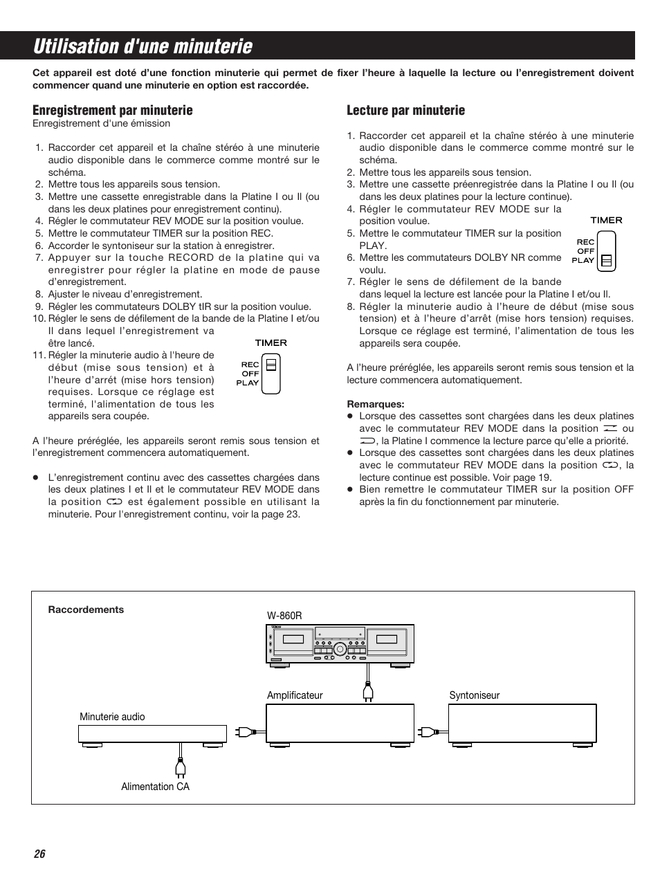 Utilisation d'une minuterie, Enregistrement par minuterie, Lecture par minuterie | Teac W-860R User Manual | Page 26 / 76