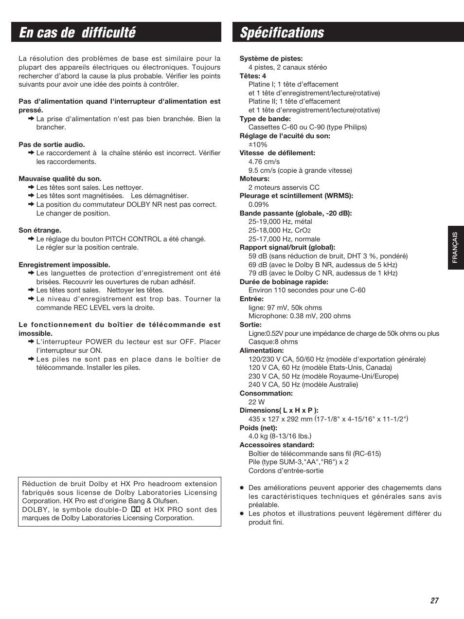 En cas de difficulté, Spécifications | Teac W-860R User Manual | Page 27 / 76