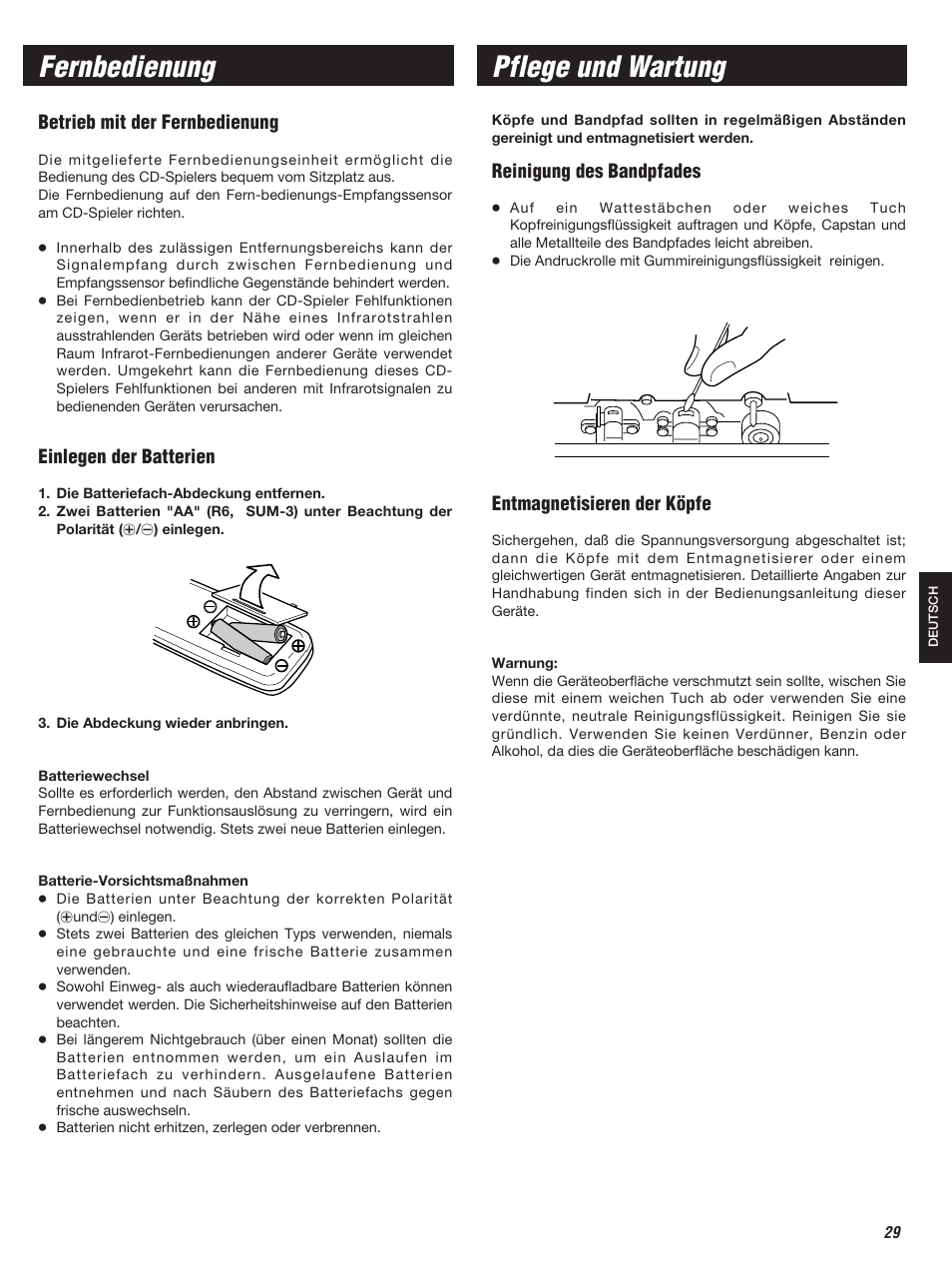 Fernbedienung, Pflege und wartung, Betrieb mit der fernbedienung | Einlegen der batterien, Reinigung des bandpfades, Entmagnetisieren der köpfe | Teac W-860R User Manual | Page 29 / 76