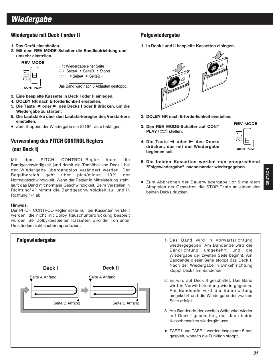 Wiedergabe, Wiedergabe mit deck i order ii, Folgewiedergabe | Verwendung des pitch control reglers (nur deck i) | Teac W-860R User Manual | Page 31 / 76