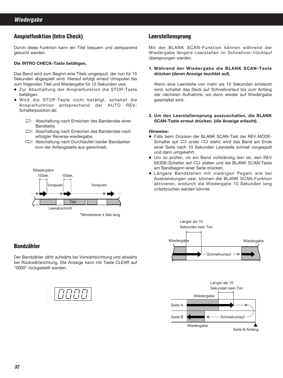 Anspielfunktion (intro check), Wiedergabe bandzähler, Leerstellensprung | Teac W-860R User Manual | Page 32 / 76