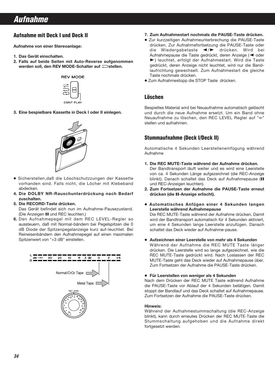 Aufnahme, Aufnahme mit deck i und deck ii, Löschen | Stummaufnahme (deck i/deck ii) | Teac W-860R User Manual | Page 34 / 76