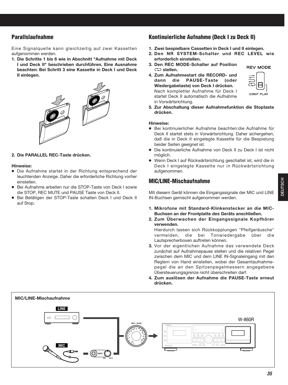 Mic/line-mischaufnahme, Parallslaufnahme, Kontinuierliche aufnahme (deck i zu deck ii) | Teac W-860R User Manual | Page 35 / 76