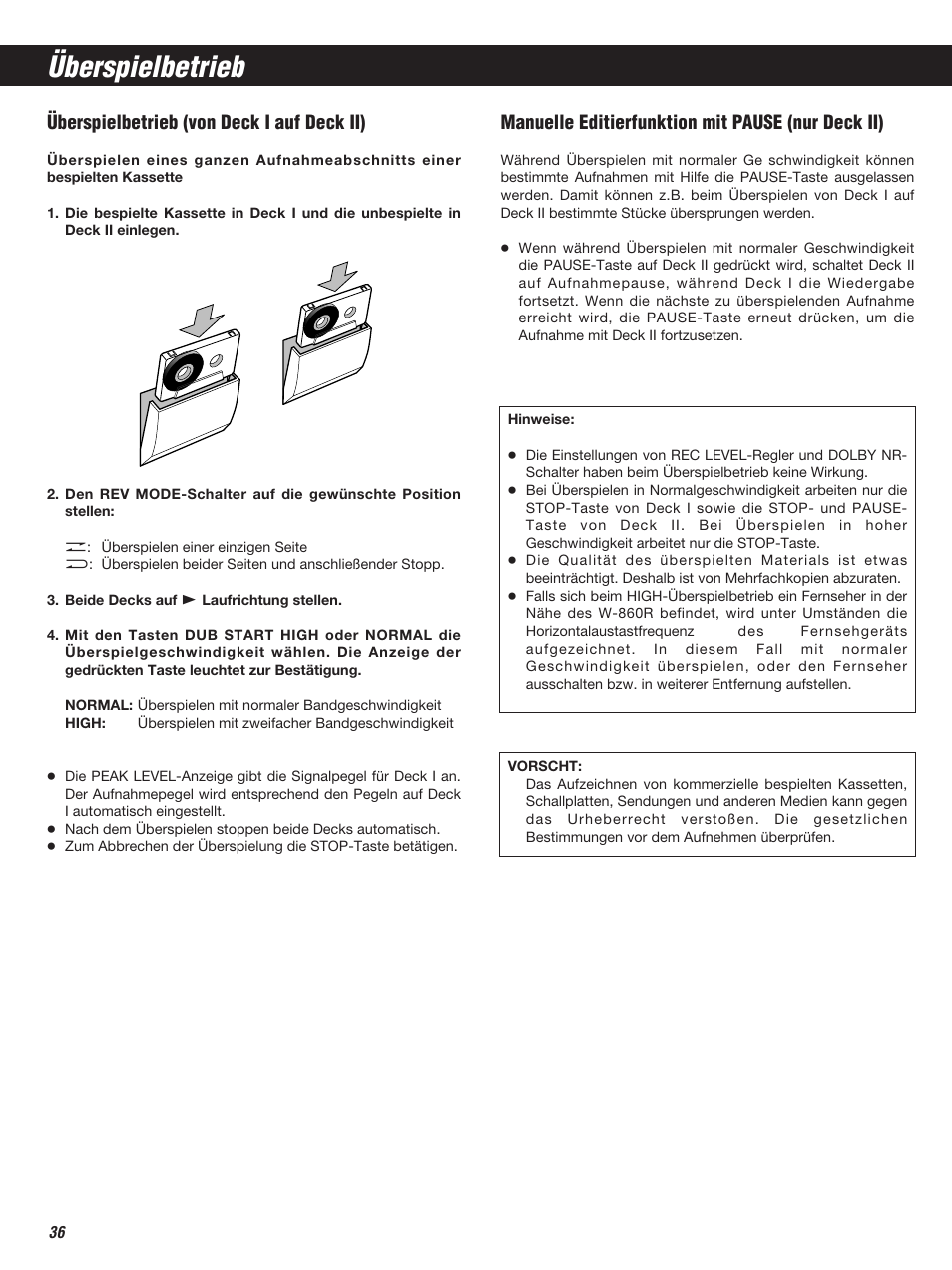 Überspielbetrieb, Überspielbetrieb (von deck i auf deck ii), Manuelle editierfunktion mit pause (nur deck ii) | Teac W-860R User Manual | Page 36 / 76