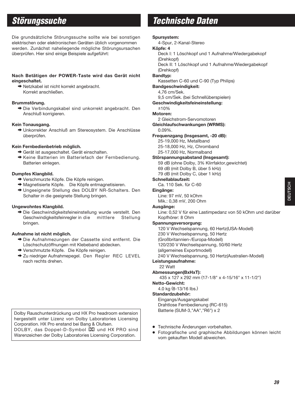 Störungssuche technische daten | Teac W-860R User Manual | Page 39 / 76