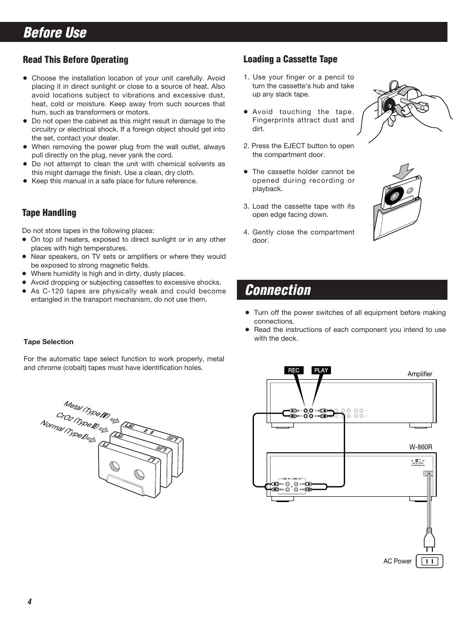 Before use, Connection, Tape handling | Loading a cassette tape, Read this before operating | Teac W-860R User Manual | Page 4 / 76