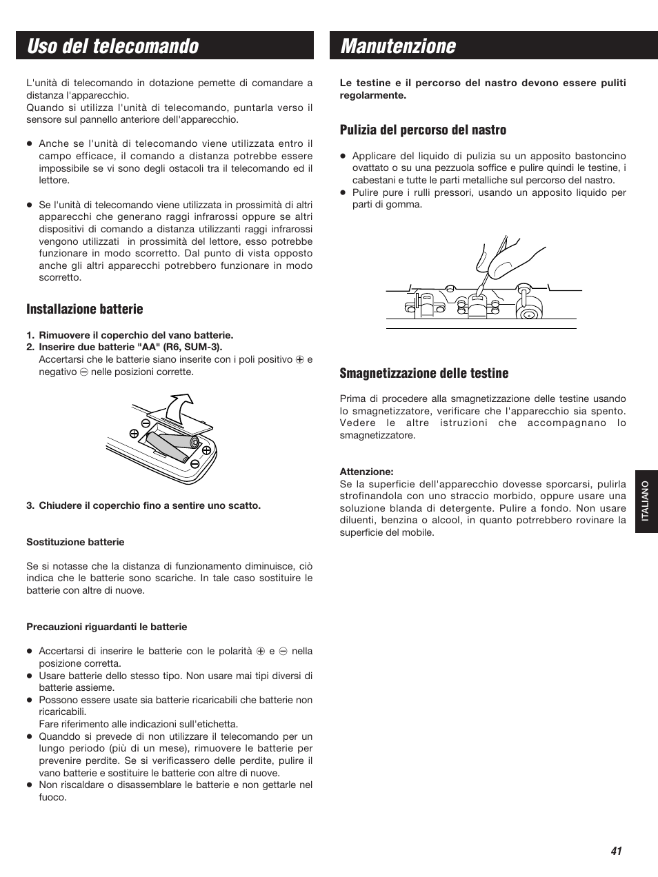 Manutenzione, Uso del telecomando, Pulizia del percorso del nastro | Smagnetizzazione delle testine, Installazione batterie | Teac W-860R User Manual | Page 41 / 76