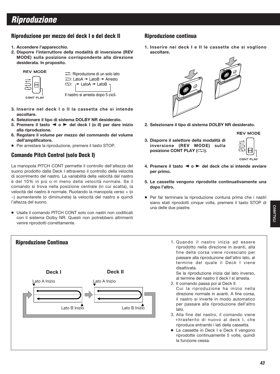 Riproduzione, Riproduzione per mezzo del deck i o del deck il, Riproduzione continua | Comando pitch control (solo deck i) | Teac W-860R User Manual | Page 43 / 76