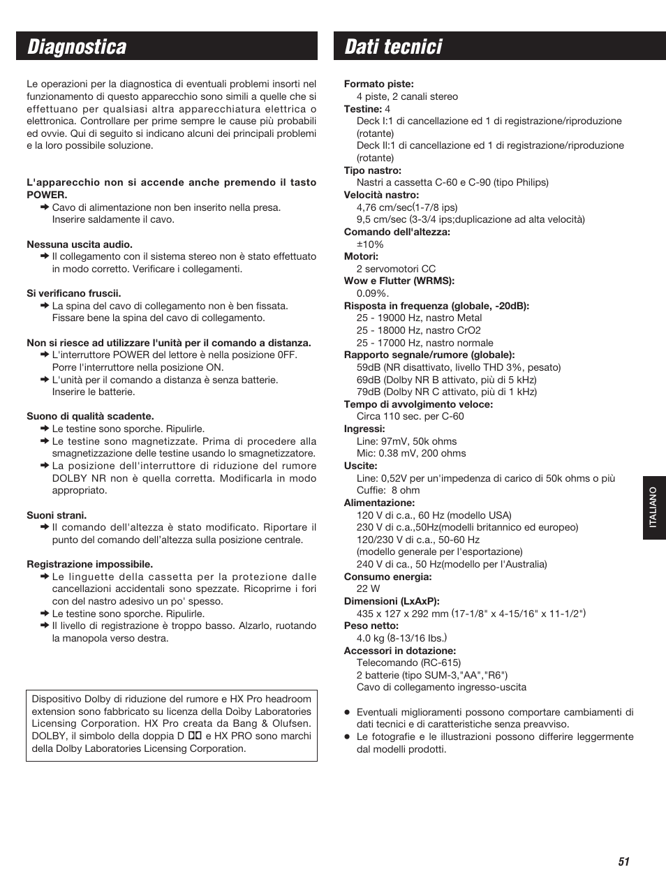 Diagnostica, Dati tecnici | Teac W-860R User Manual | Page 51 / 76