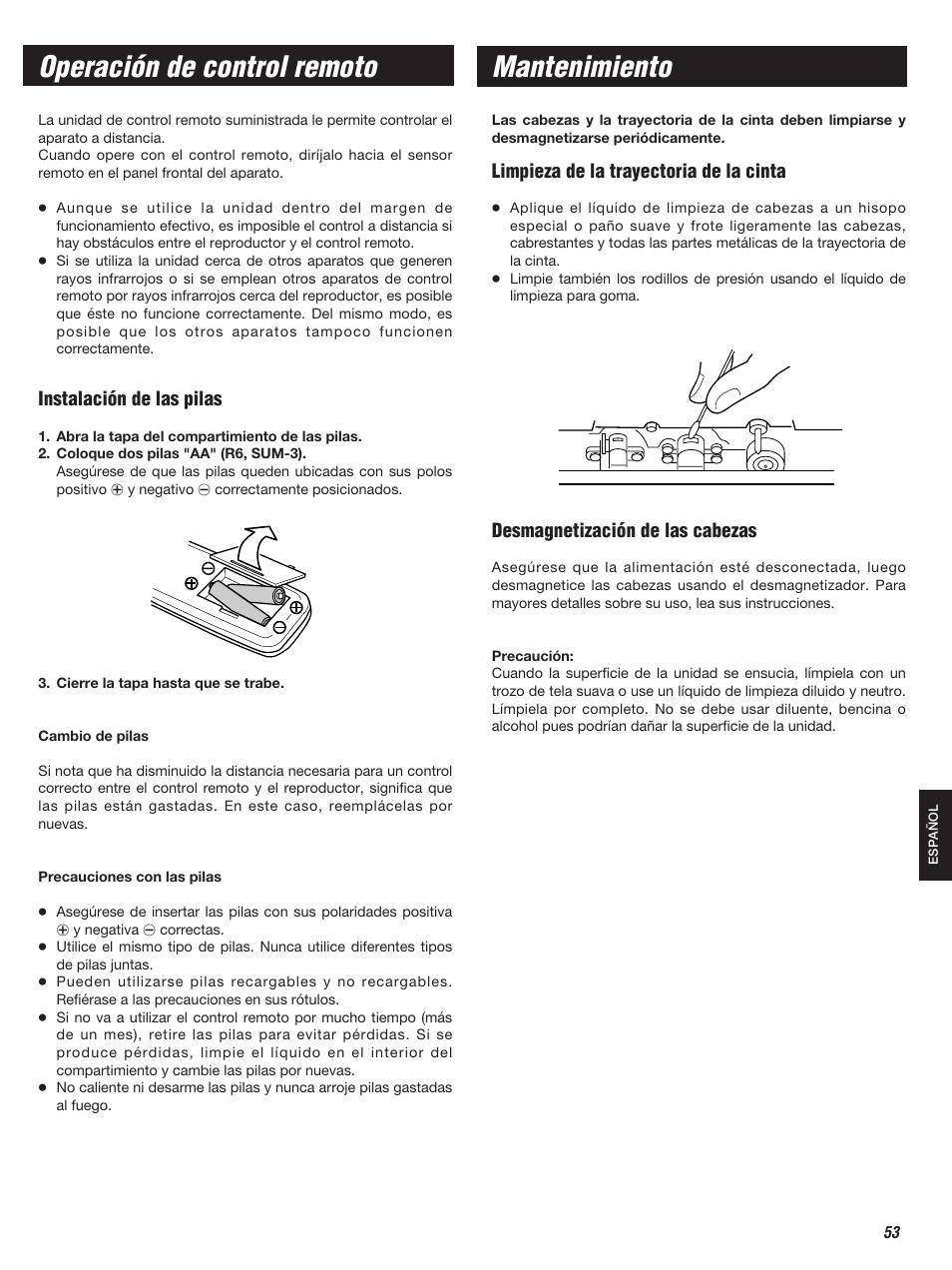 Mantenimiento, Operación de control remoto, Limpieza de la trayectoria de la cinta | Desmagnetización de las cabezas, Instalación de las pilas | Teac W-860R User Manual | Page 53 / 76