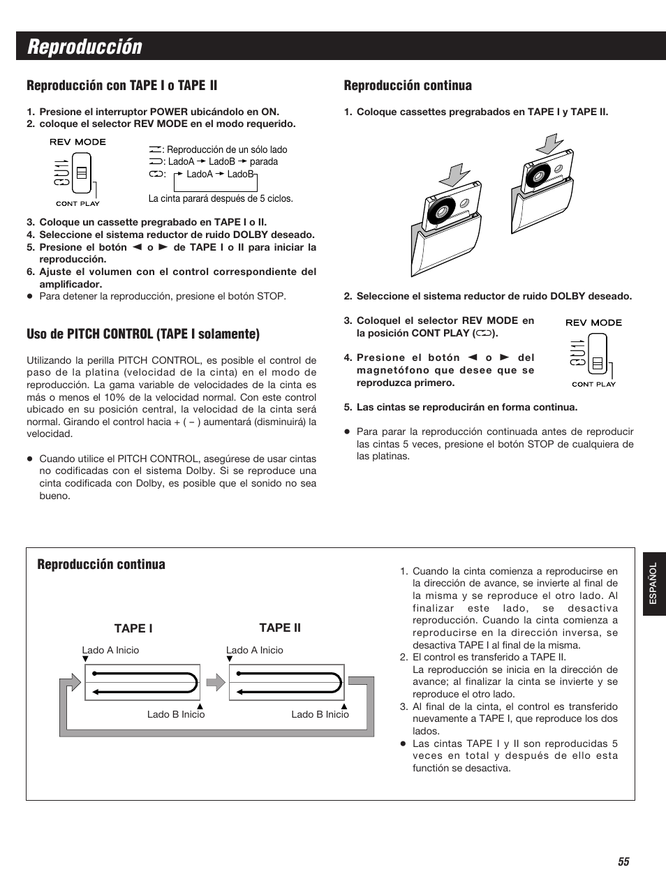 Reproducción, Reproducción continua, Uso de pitch control (tape i solamente) | Teac W-860R User Manual | Page 55 / 76