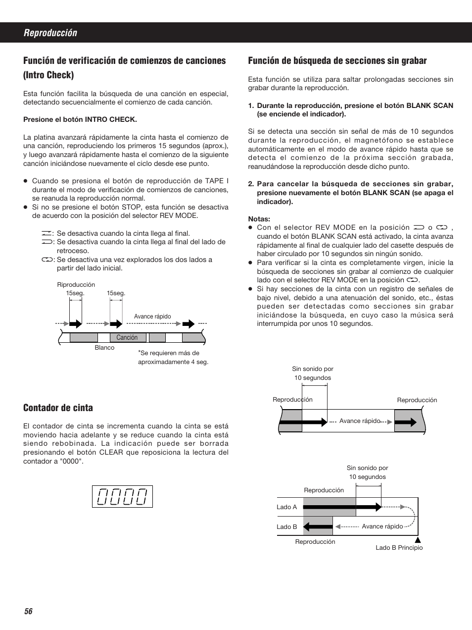 Reproducción contador de cinta, Función de búsqueda de secciones sin grabar | Teac W-860R User Manual | Page 56 / 76