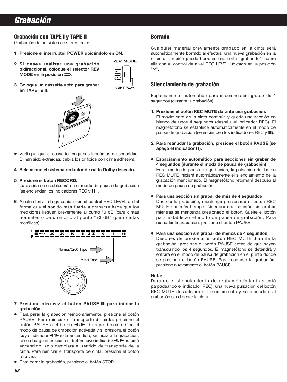 Grabación, Grabación con tape i y tape ii, Borrado | Silenciamiento de grabación | Teac W-860R User Manual | Page 58 / 76