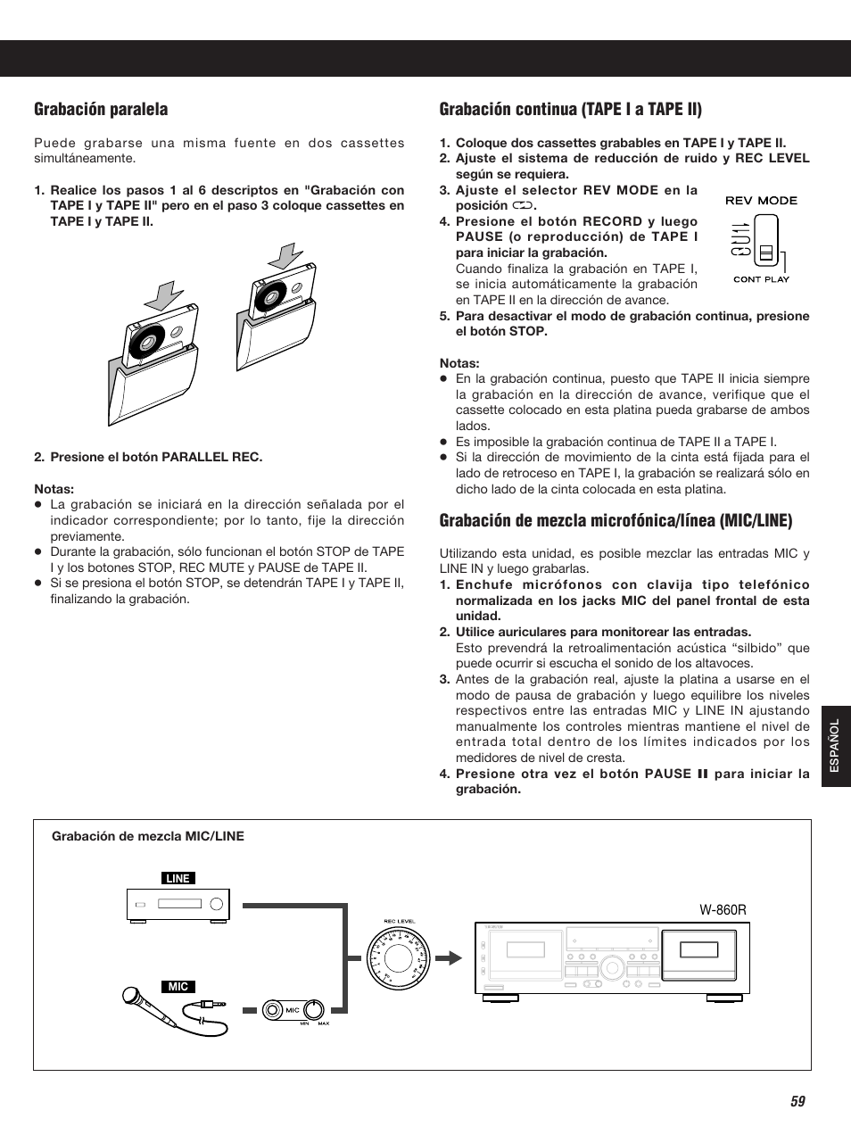 Grabación continua (tape i a tape ii), Grabación paralela, Grabación de mezcla microfónica/línea (mic/line) | Teac W-860R User Manual | Page 59 / 76
