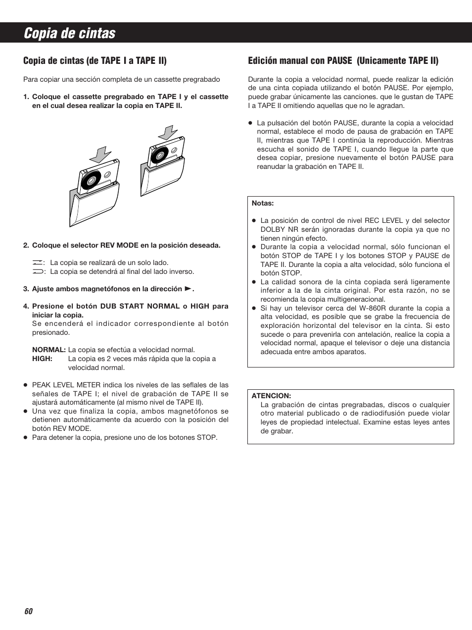 Copia de cintas, Copia de cintas (de tape i a tape ii), Edición manual con pause (unicamente tape ii) | Teac W-860R User Manual | Page 60 / 76