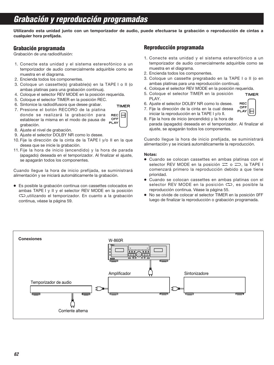 Grabación y reproducción programadas, Reproducción programada, Grabación programada | Teac W-860R User Manual | Page 62 / 76