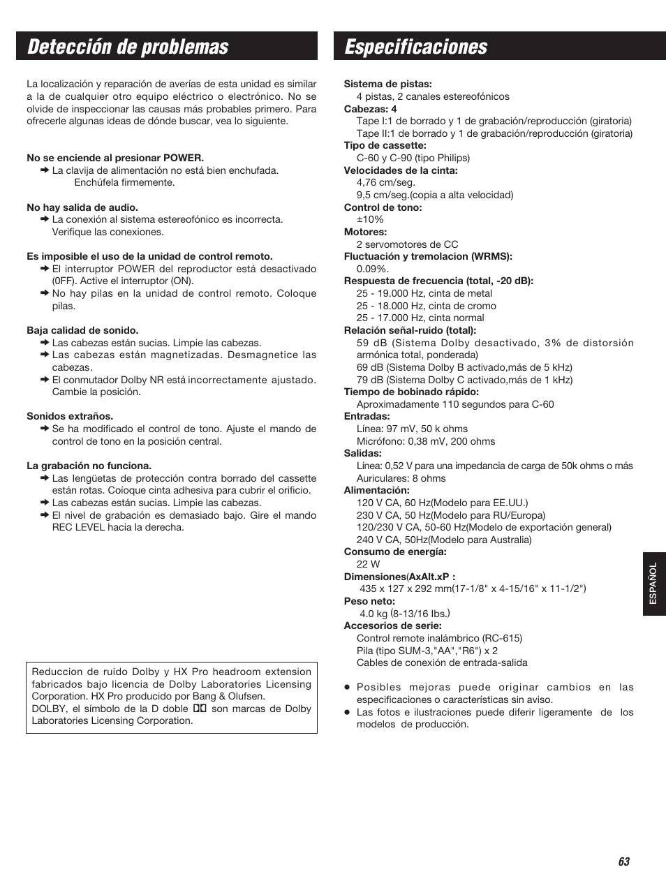 Especificaciones, Detección de problemas | Teac W-860R User Manual | Page 63 / 76