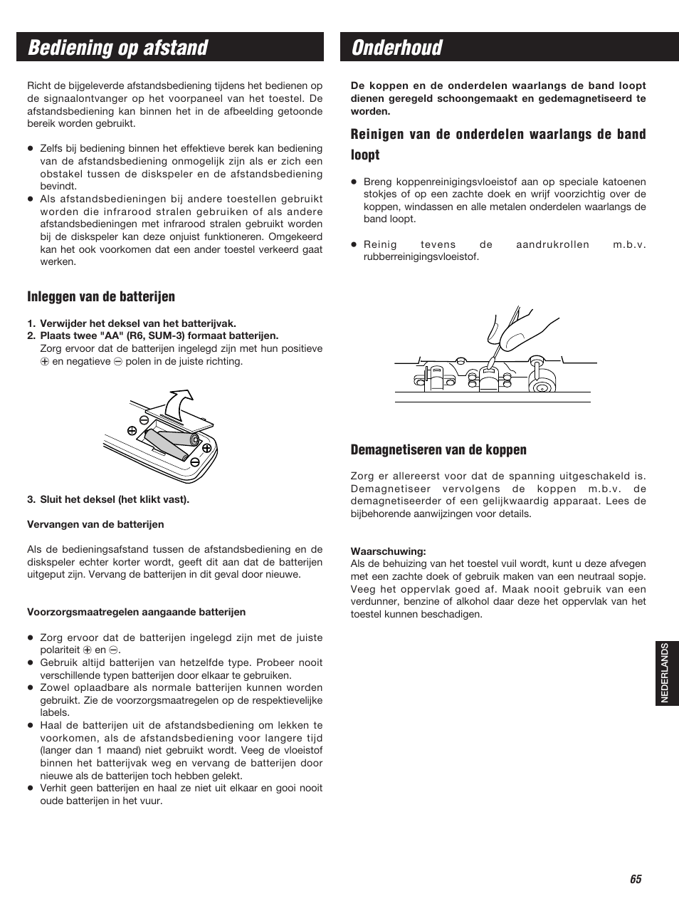 Onderhoud, Bediening op afstand, Inleggen van de batterijen | Reinigen van de onderdelen waarlangs de band loopt, Demagnetiseren van de koppen | Teac W-860R User Manual | Page 65 / 76