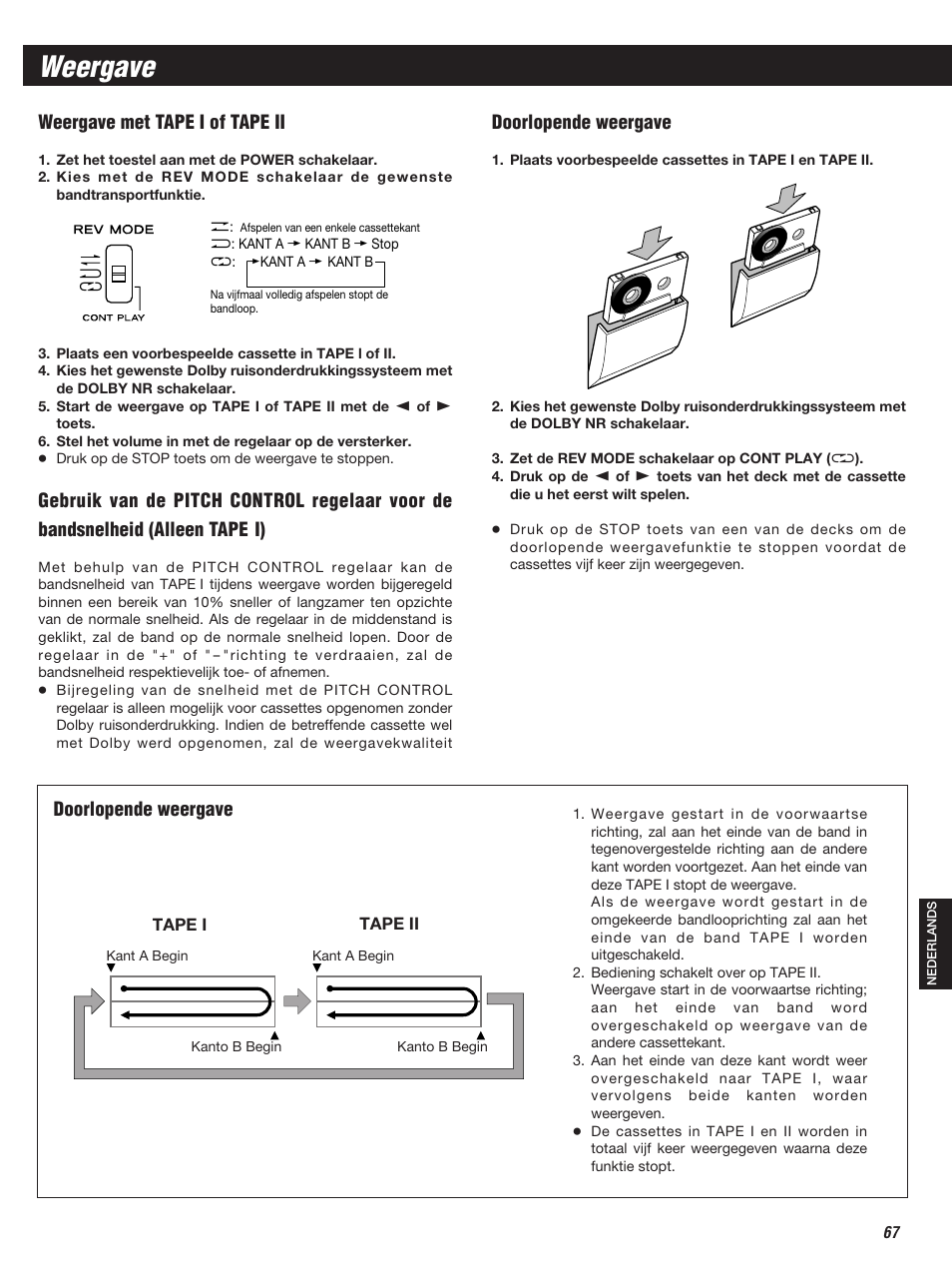 Weergave, Weergave met tape i of tape ii, Doorlopende weergave | Teac W-860R User Manual | Page 67 / 76