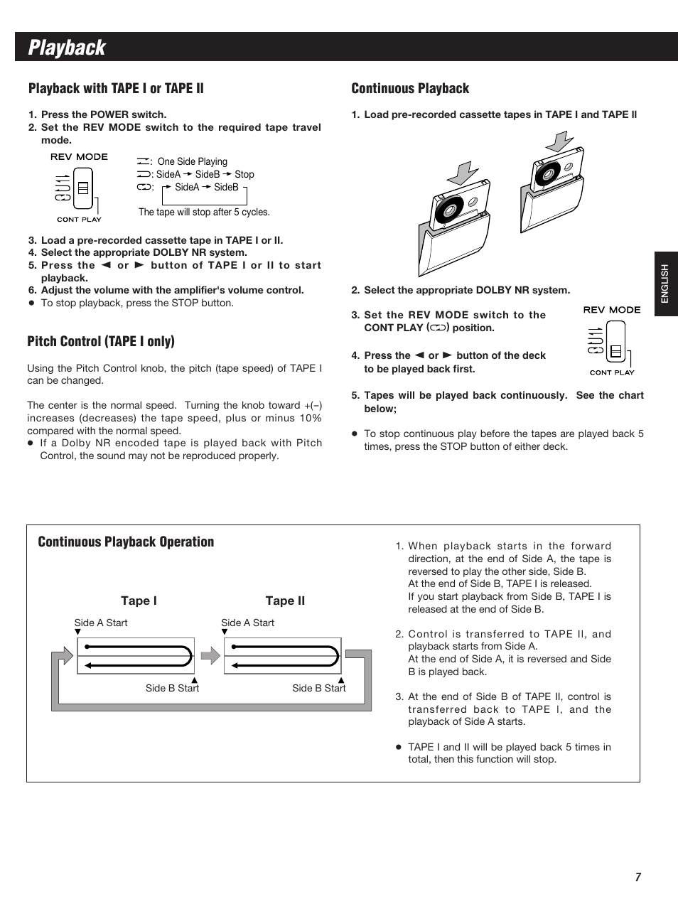 Playback, Playback with tape i or tape il, Continuous playback | Teac W-860R User Manual | Page 7 / 76