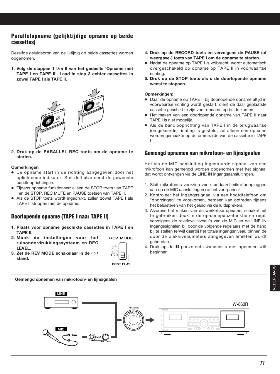 Gemengd opnemen van mikrofoon- en iijnsignalen, Doorlopende opname (tape i naar tape ii) | Teac W-860R User Manual | Page 71 / 76