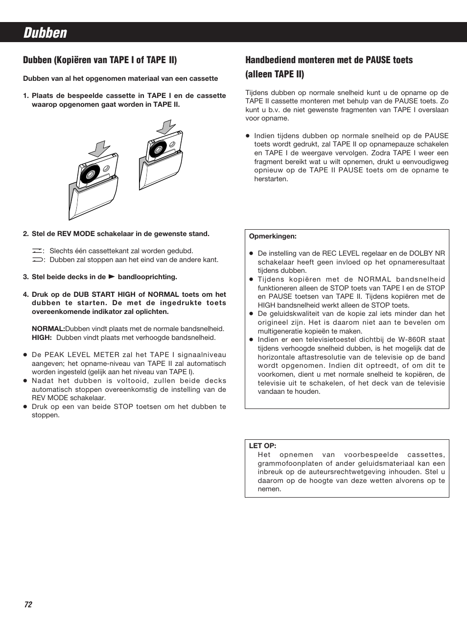 Dubben, Dubben (kopiëren van tape i of tape ii) | Teac W-860R User Manual | Page 72 / 76