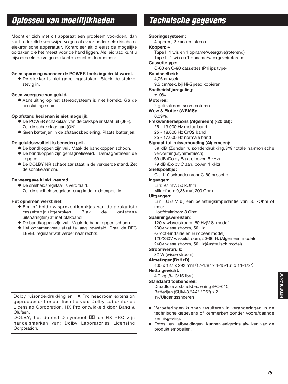 Technische gegevens, Oplossen van moeilijlkheden | Teac W-860R User Manual | Page 75 / 76