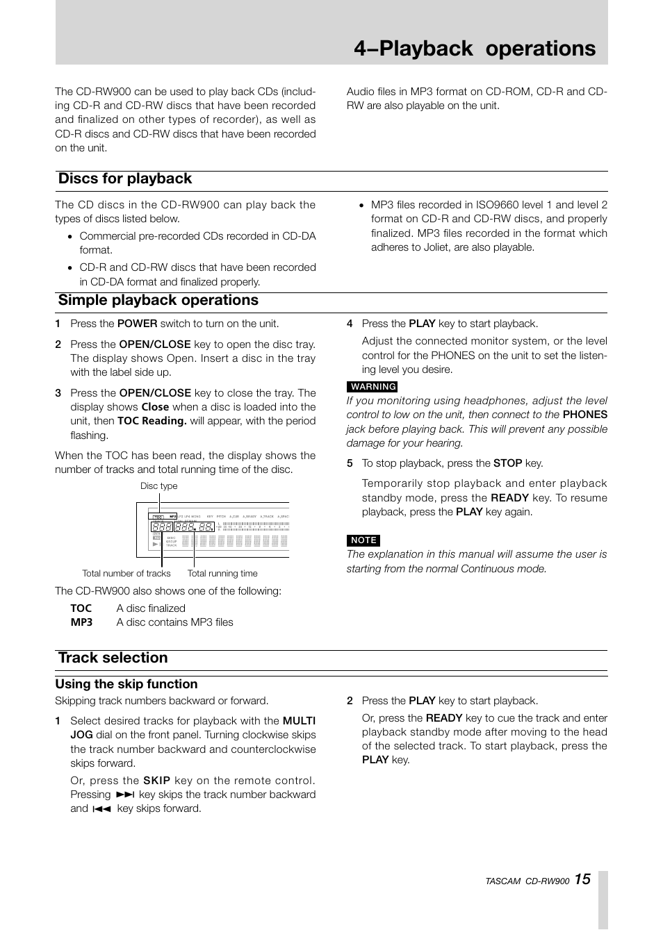 4−playback operations, Discs for playback, Simple playback operations track selection | Teac CD-RW900CD User Manual | Page 15 / 32