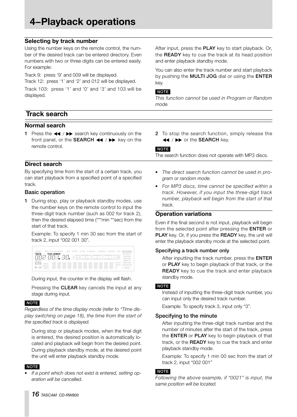 4−playback operations, Track search | Teac CD-RW900CD User Manual | Page 16 / 32