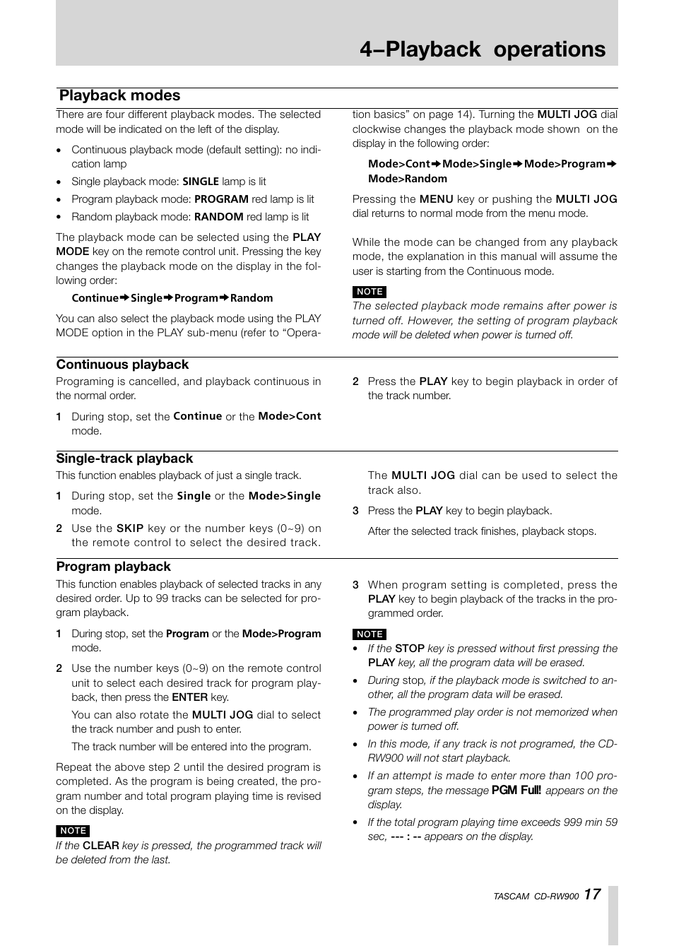 Introduction, 4−playback operations, 17 playback modes | Teac CD-RW900CD User Manual | Page 17 / 32