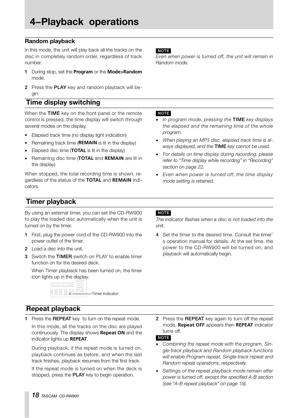 4−playback operations, Timer playback, Time display switching | Repeat playback | Teac CD-RW900CD User Manual | Page 18 / 32