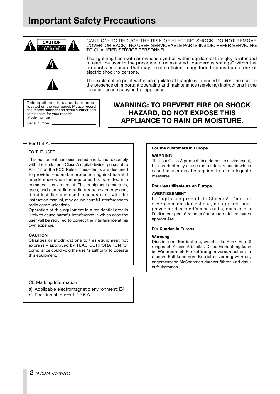 Introduction, Important safety precautions | Teac CD-RW900CD User Manual | Page 2 / 32