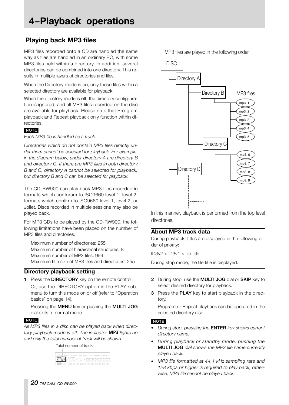 4−playback operations, Playing back mp3 files | Teac CD-RW900CD User Manual | Page 20 / 32