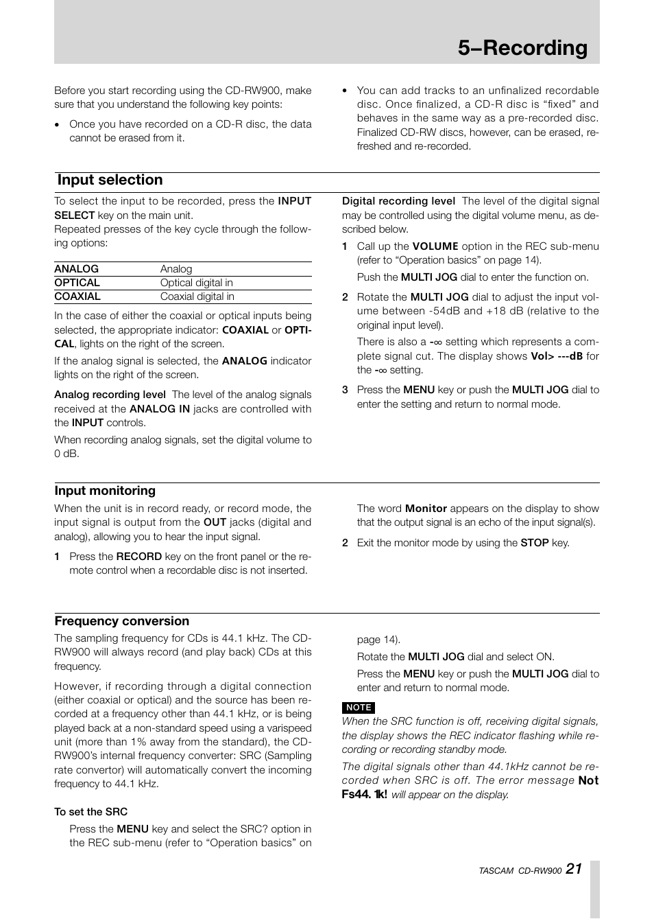 Introduction, 5−recording, Input selection | Teac CD-RW900CD User Manual | Page 21 / 32