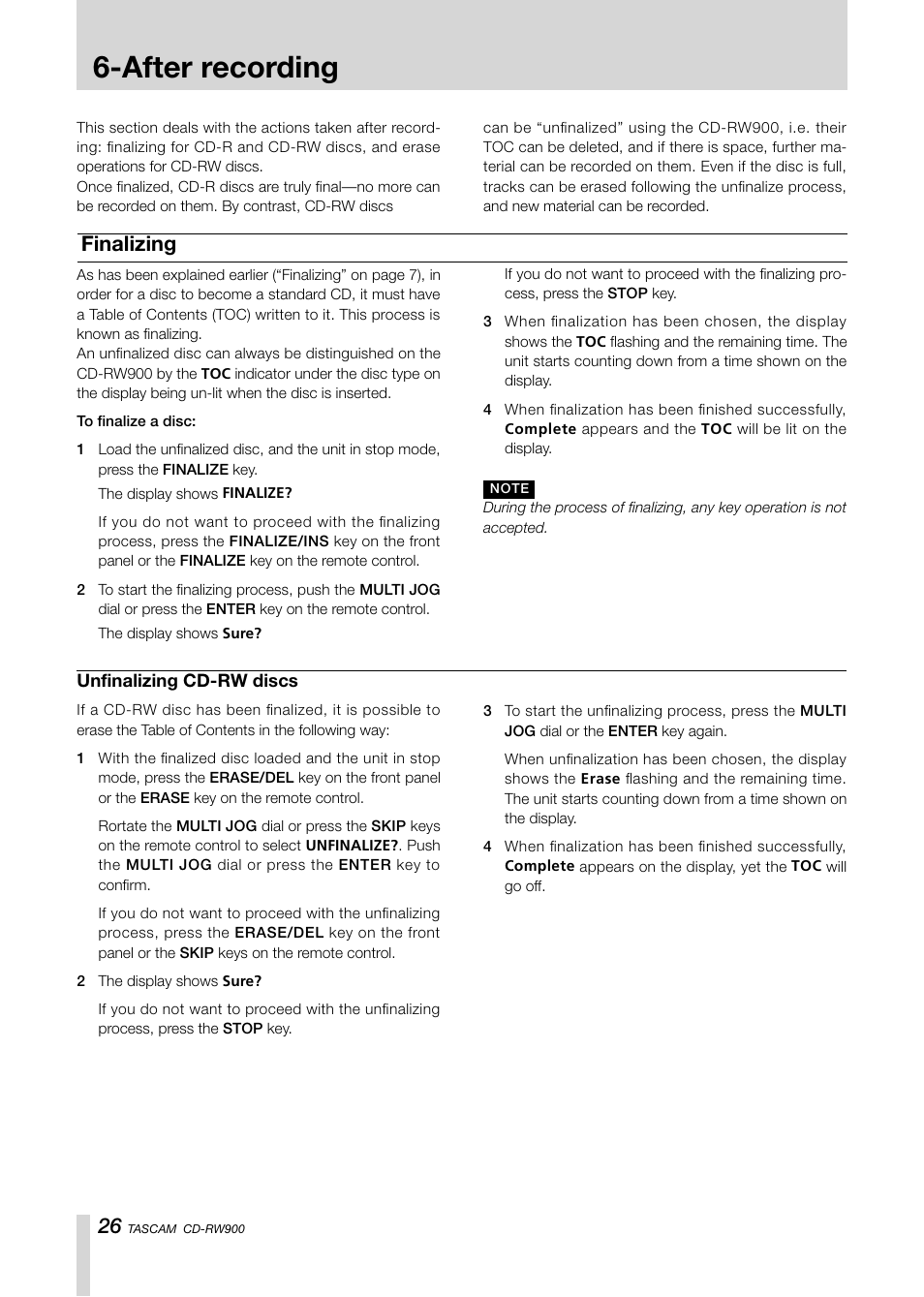 After recording, Finalizing | Teac CD-RW900CD User Manual | Page 26 / 32