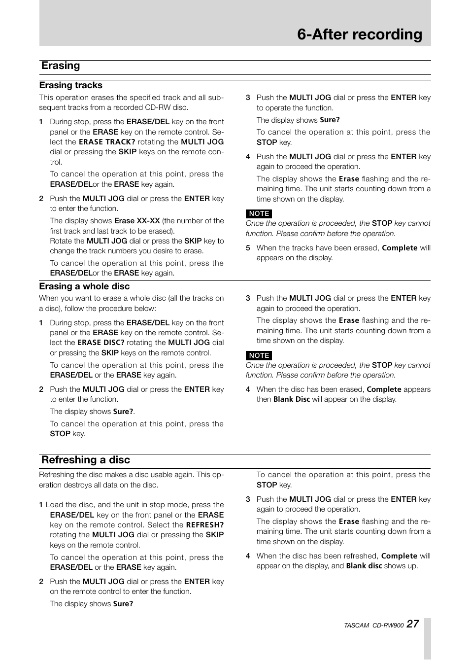 After recording, Refreshing a disc, Erasing | Teac CD-RW900CD User Manual | Page 27 / 32