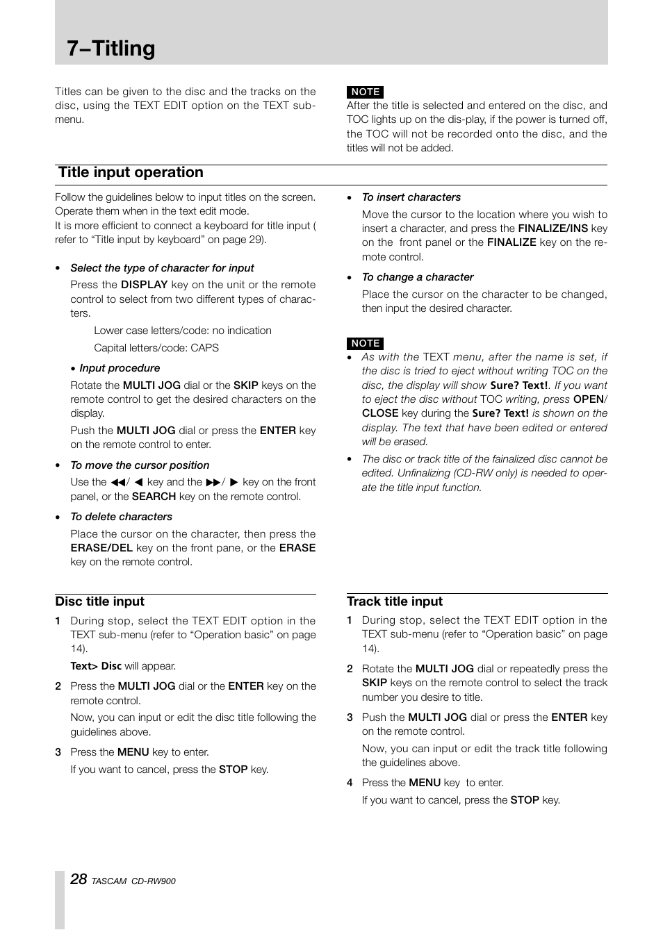 7−titling, Title input operation | Teac CD-RW900CD User Manual | Page 28 / 32