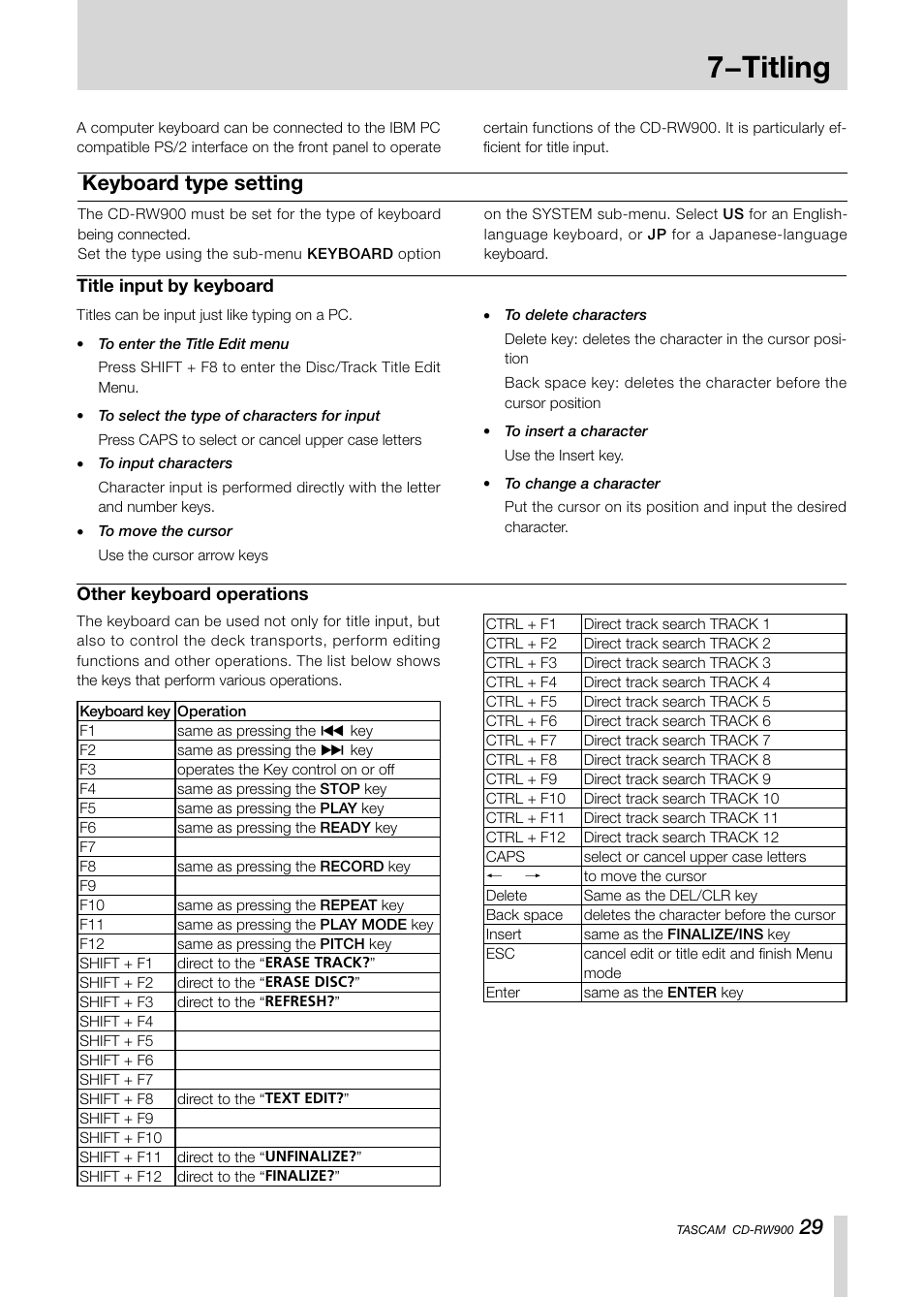 7−titling, 29 keyboard type setting | Teac CD-RW900CD User Manual | Page 29 / 32