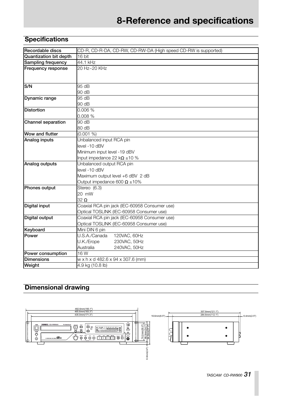 Reference and specifications, 31 specifications, Dimensional drawing | Teac CD-RW900CD User Manual | Page 31 / 32