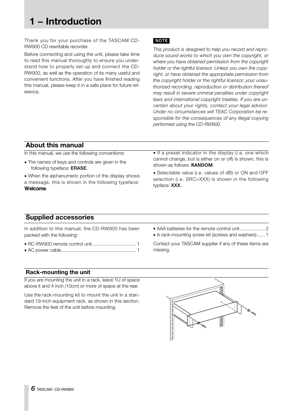 1 − introduction, Supplied accessories, About this manual | Teac CD-RW900CD User Manual | Page 6 / 32