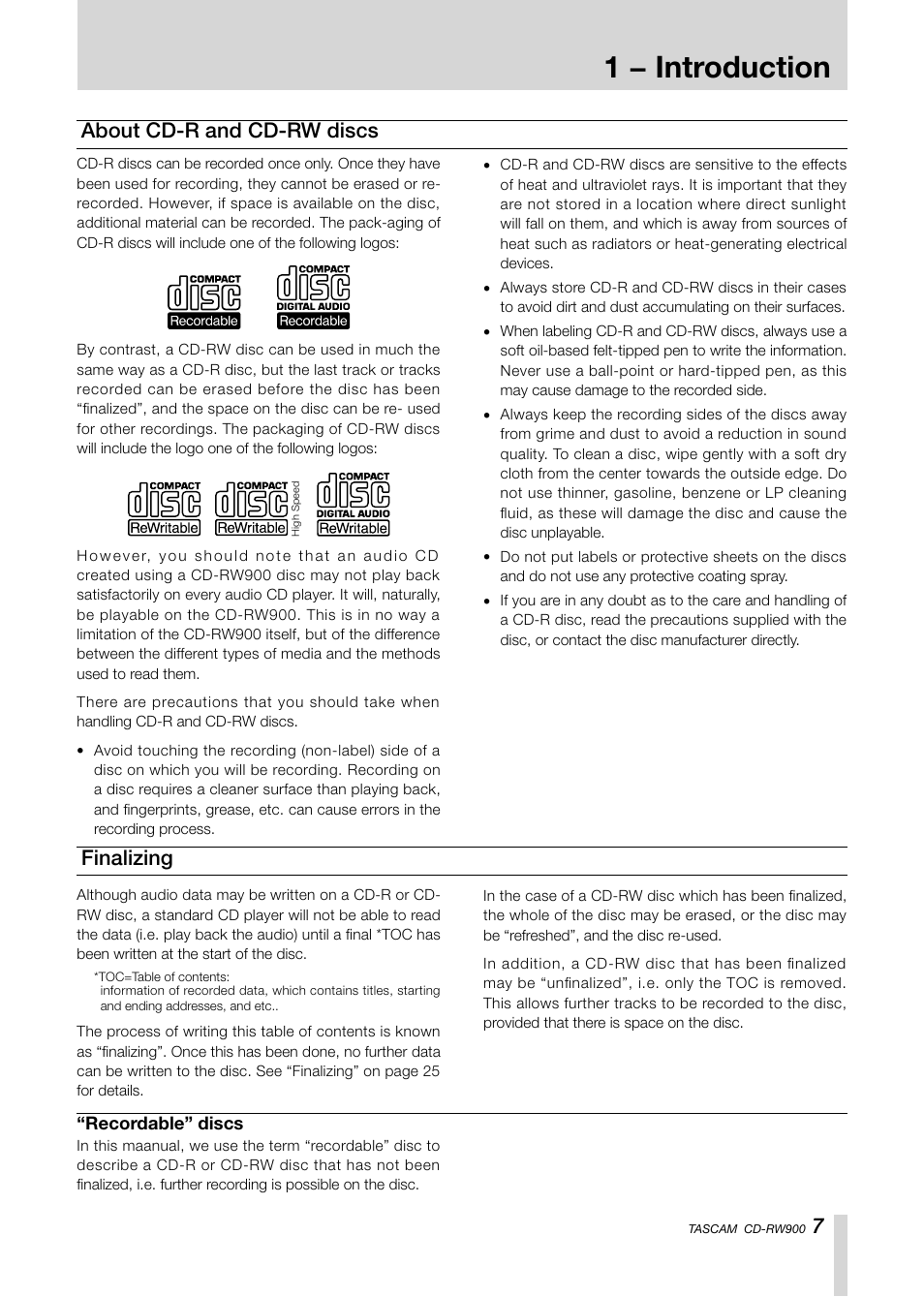 1 − introduction, Finalizing, About cd-r and cd-rw discs | Teac CD-RW900CD User Manual | Page 7 / 32