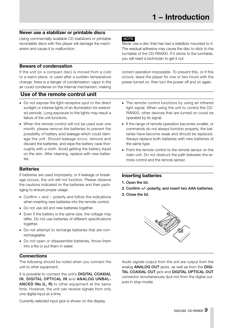 Introduction, 1 − introduction, Use of the remote control unit | Teac CD-RW900CD User Manual | Page 9 / 32