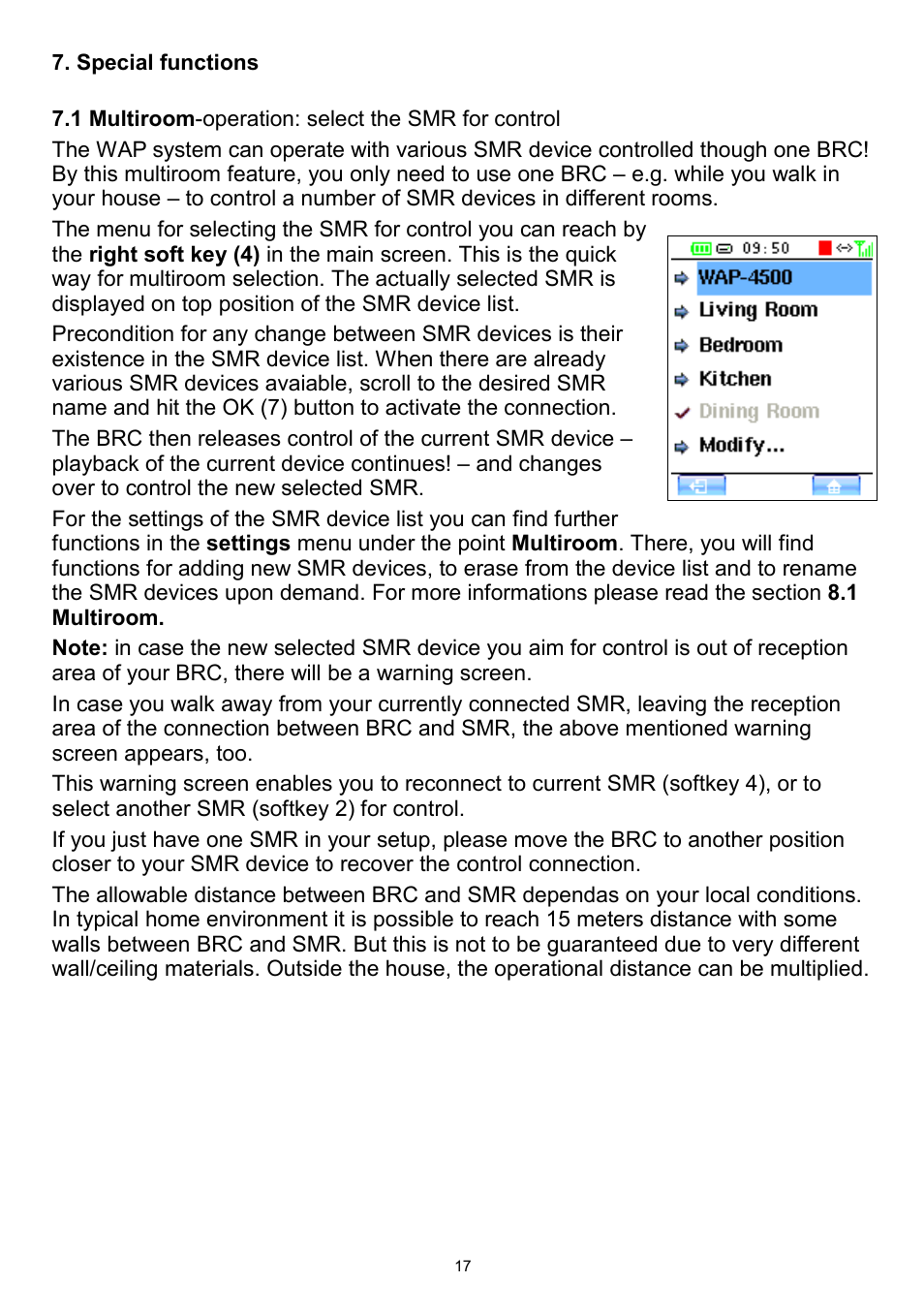 Special functions, 1 multiroom-operation: select the smr for control | Teac WAP-4500 User Manual | Page 17 / 31