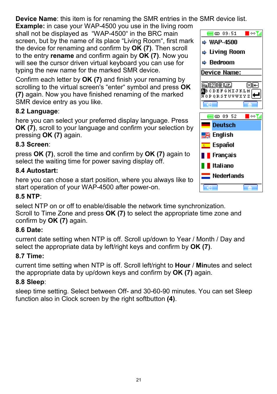 2 language, 3 screen, 4 autostart | 5 ntp, 6 date, 7 time, 8 sleep | Teac WAP-4500 User Manual | Page 21 / 31